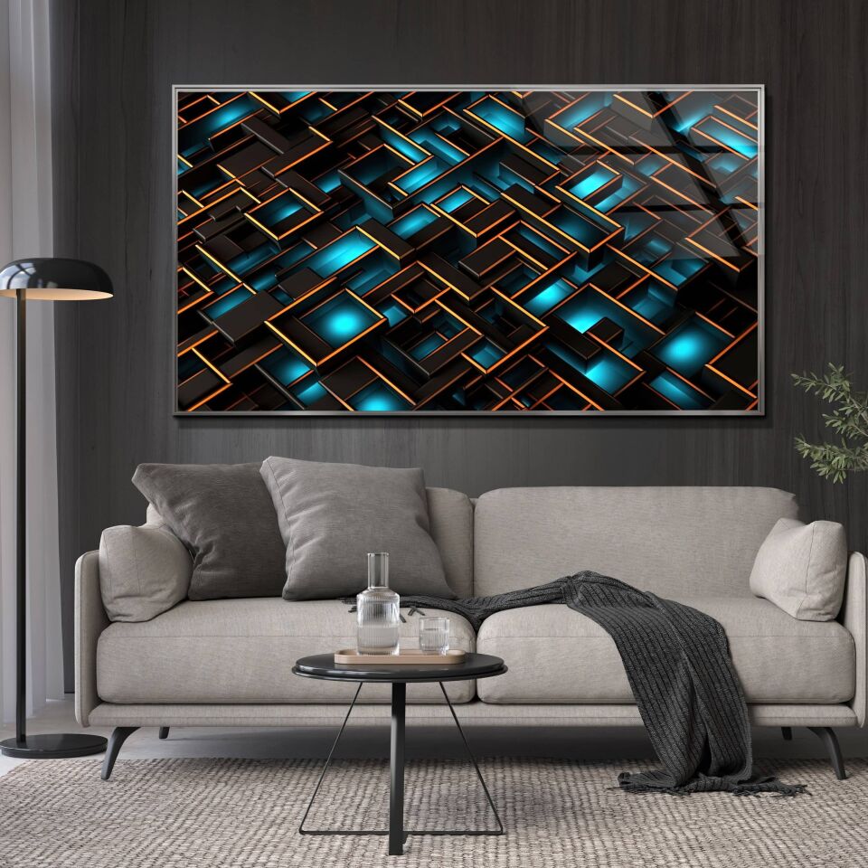 Mavi ve Siyah Geometrik Desenli Modern Cam Tablo | CF0926