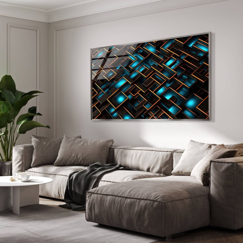Mavi ve Siyah Geometrik Desenli Modern Cam Tablo | CF0926