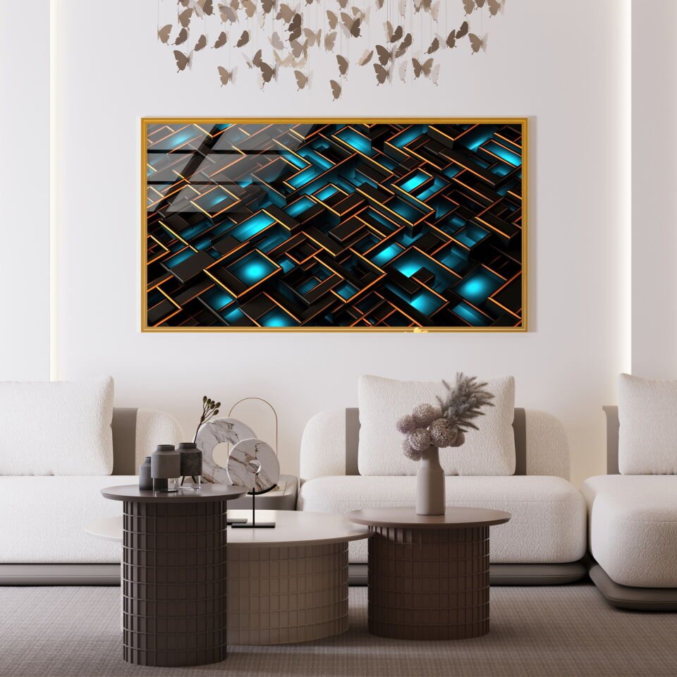 Mavi ve Siyah Geometrik Desenli Modern Cam Tablo | CF0926