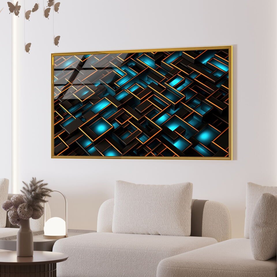 Mavi ve Siyah Geometrik Desenli Modern Cam Tablo | CF0926