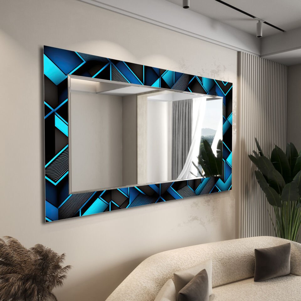 Lacivert ve Mavi Geometrik Desenli Dekoratif Cam Ayna – Altın Detaylı Modern Duvar Aynası | CFM0006-YATAY