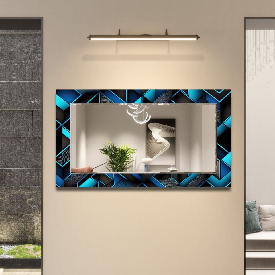 Lacivert ve Mavi Geometrik Desenli Dekoratif Cam Ayna – Altın Detaylı Modern Duvar Aynası | CFM0006-YATAY