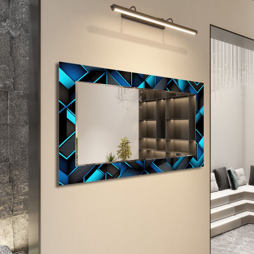 Lacivert ve Mavi Geometrik Desenli Dekoratif Cam Ayna – Altın Detaylı Modern Duvar Aynası | CFM0006-YATAY
