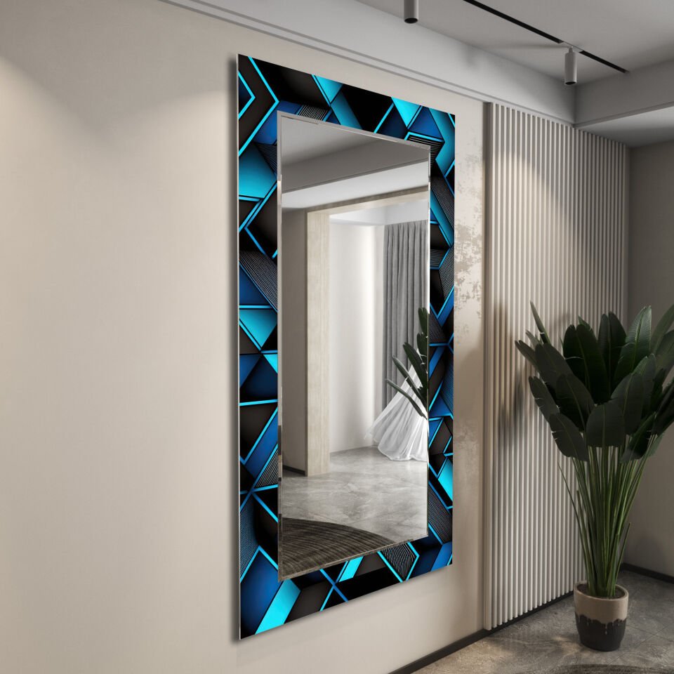 Lacivert ve Mavi Geometrik Desenli Dekoratif Cam Ayna – Altın Detaylı Modern Duvar Aynası | CFM0006-DİKEY
