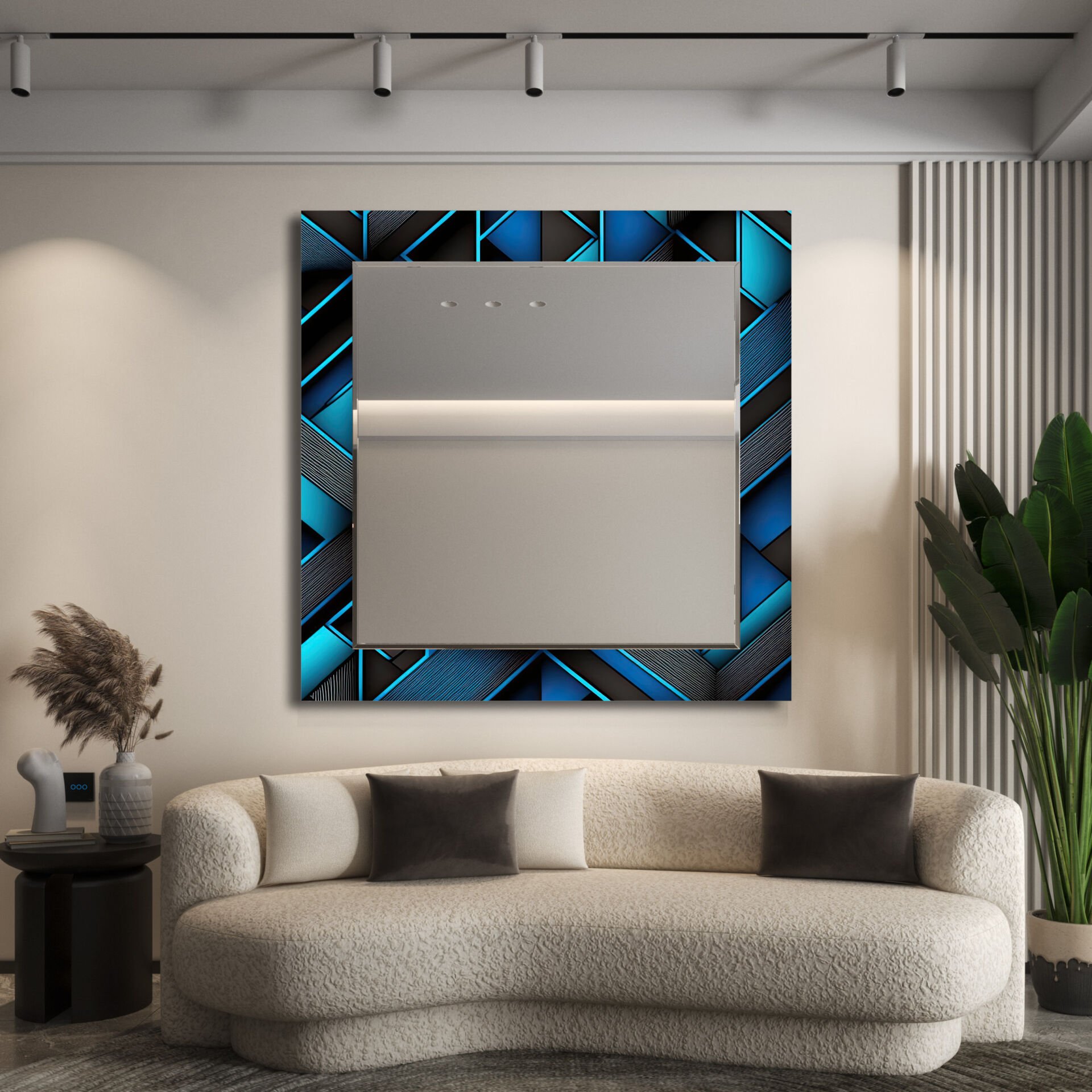 Lacivert ve Mavi Geometrik Desenli Dekoratif Cam Ayna – Altın Detaylı Modern Duvar Aynası | CFM0006-KARE