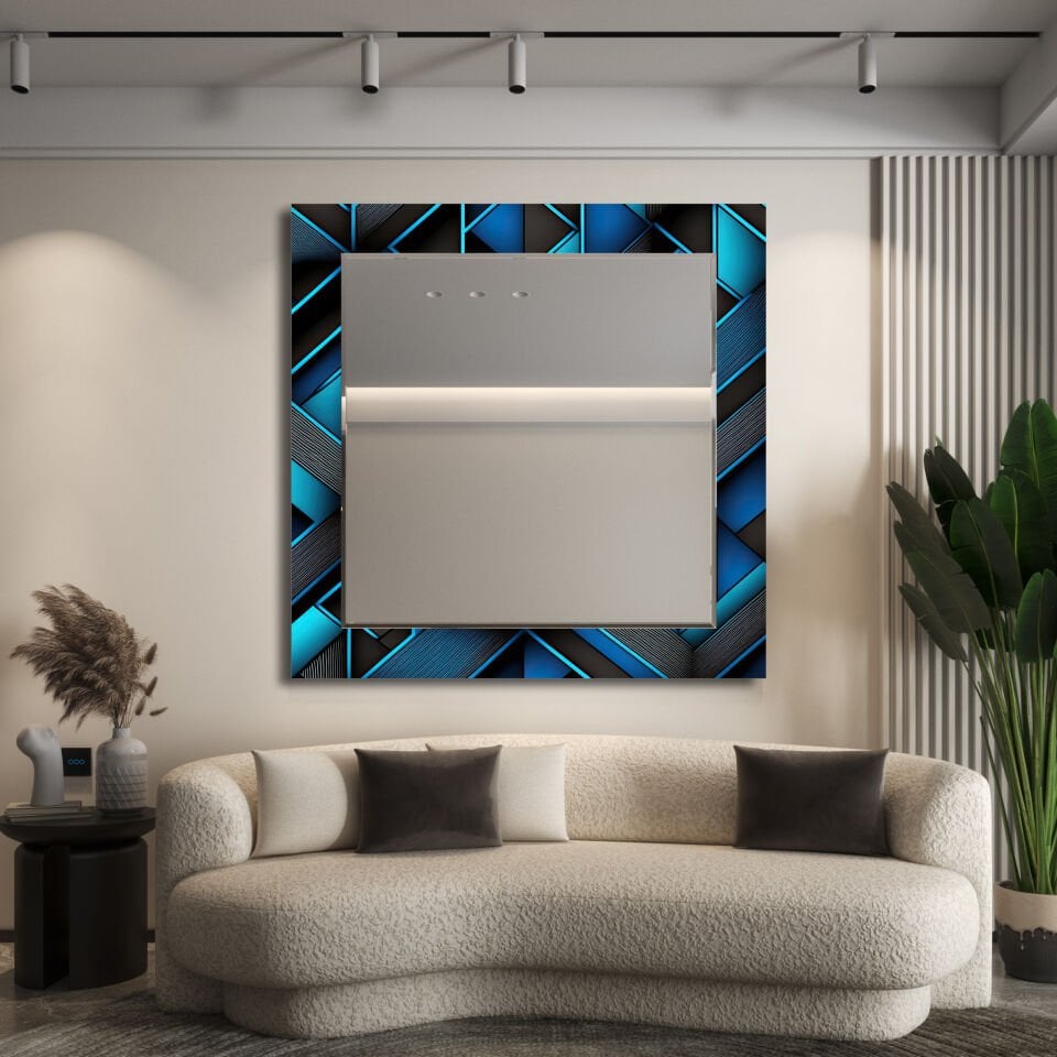 Lacivert ve Mavi Geometrik Desenli Dekoratif Cam Ayna – Altın Detaylı Modern Duvar Aynası | CFM0006-KARE
