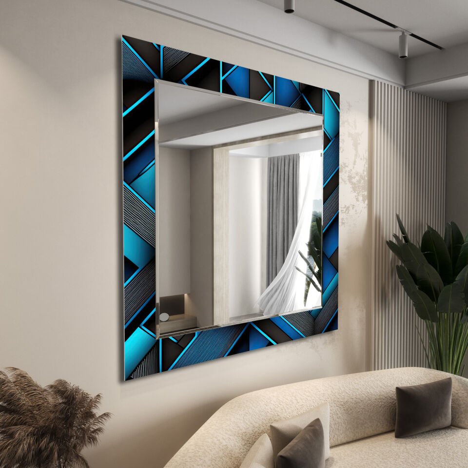 Lacivert ve Mavi Geometrik Desenli Dekoratif Cam Ayna – Altın Detaylı Modern Duvar Aynası | CFM0006-KARE