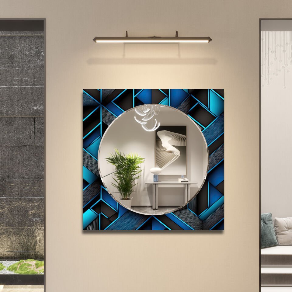 Lacivert ve Mavi Geometrik Desenli Dekoratif Cam Ayna – Altın Detaylı Modern Duvar Aynası | CFM0006-KARE