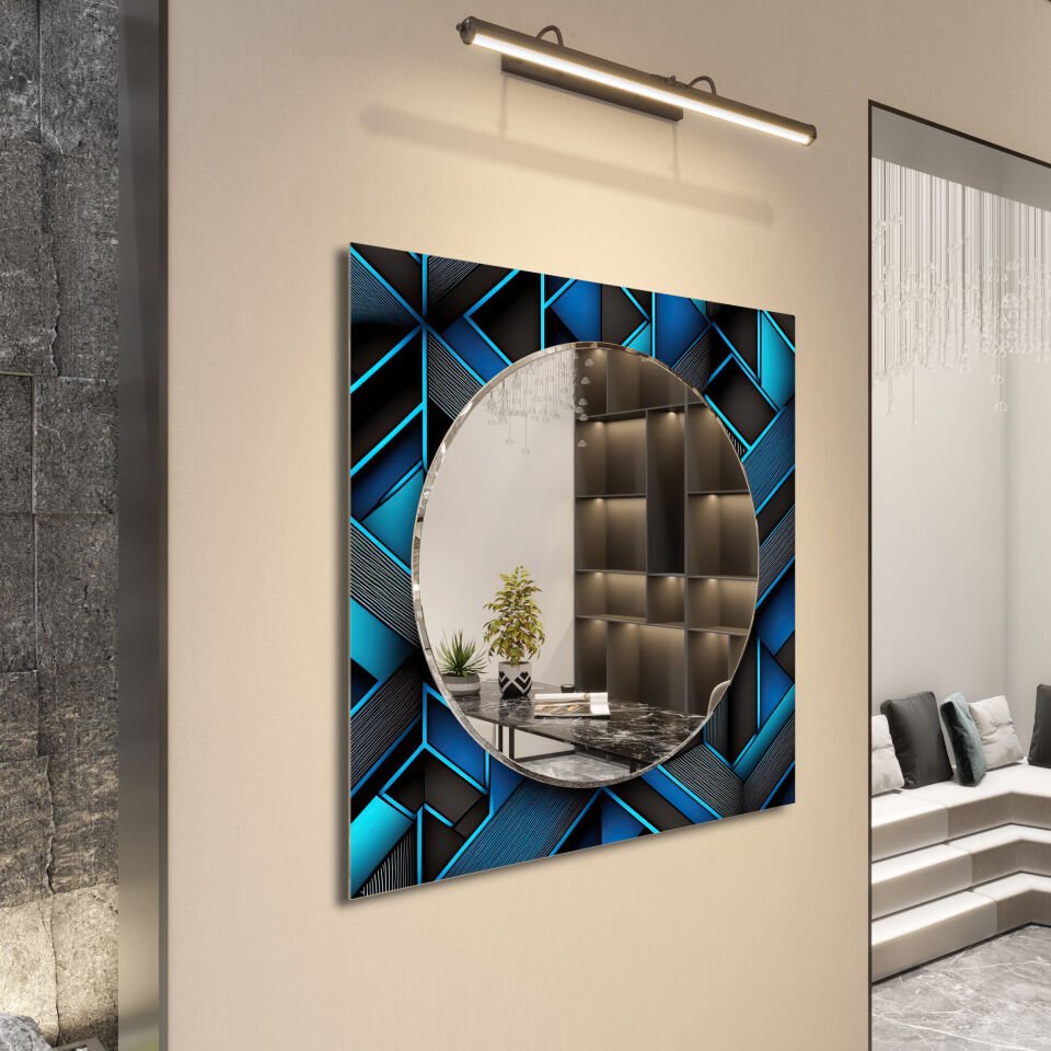 Lacivert ve Mavi Geometrik Desenli Dekoratif Cam Ayna – Altın Detaylı Modern Duvar Aynası | CFM0006-KARE
