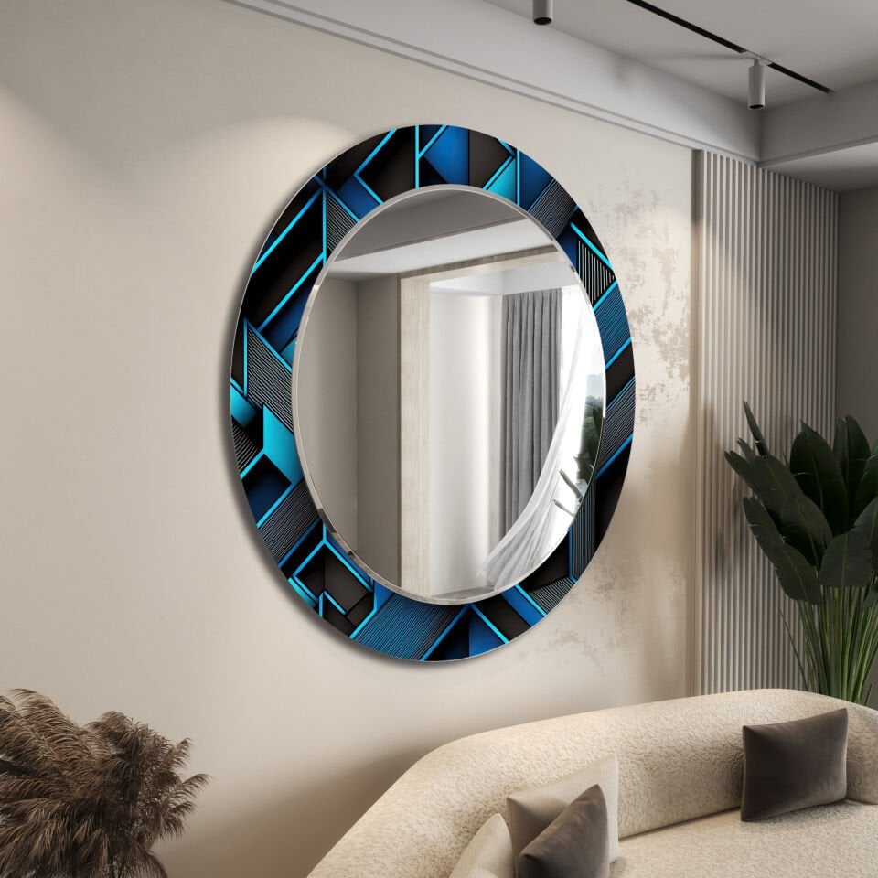 Lacivert ve Mavi Geometrik Desenli Dekoratif Cam Ayna – Altın Detaylı Modern Duvar Aynası | CFM0006-YUVARLAK