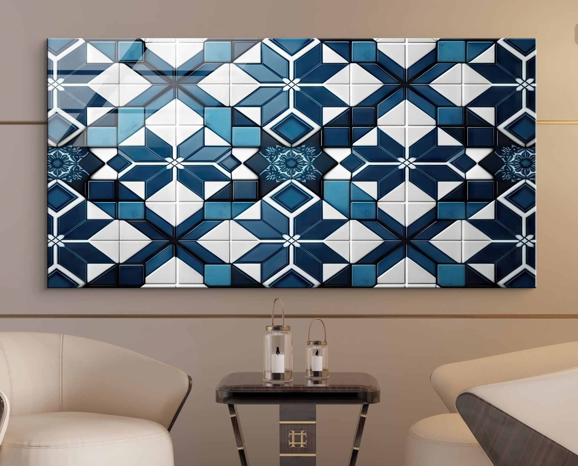 Mavi ve Beyaz  Geometrik Desenli Parlak Cam Tablosu - Geleneksel Desenler Duvar Dekoru | CF0887