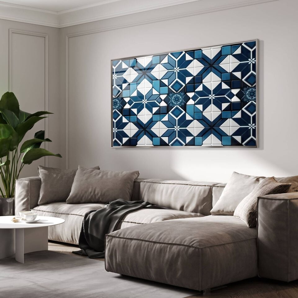 Mavi ve Beyaz  Geometrik Desenli Parlak Cam Tablosu - Geleneksel Desenler Duvar Dekoru | CF0887