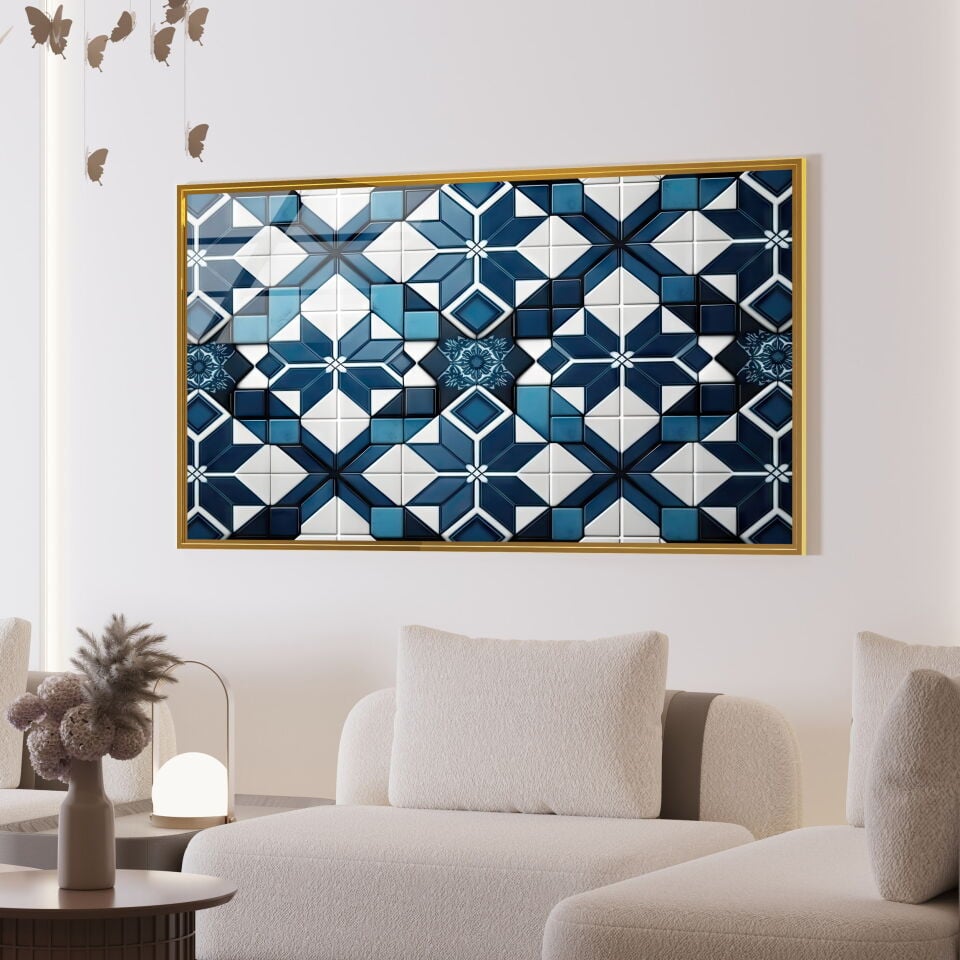 Mavi ve Beyaz  Geometrik Desenli Parlak Cam Tablosu - Geleneksel Desenler Duvar Dekoru | CF0887