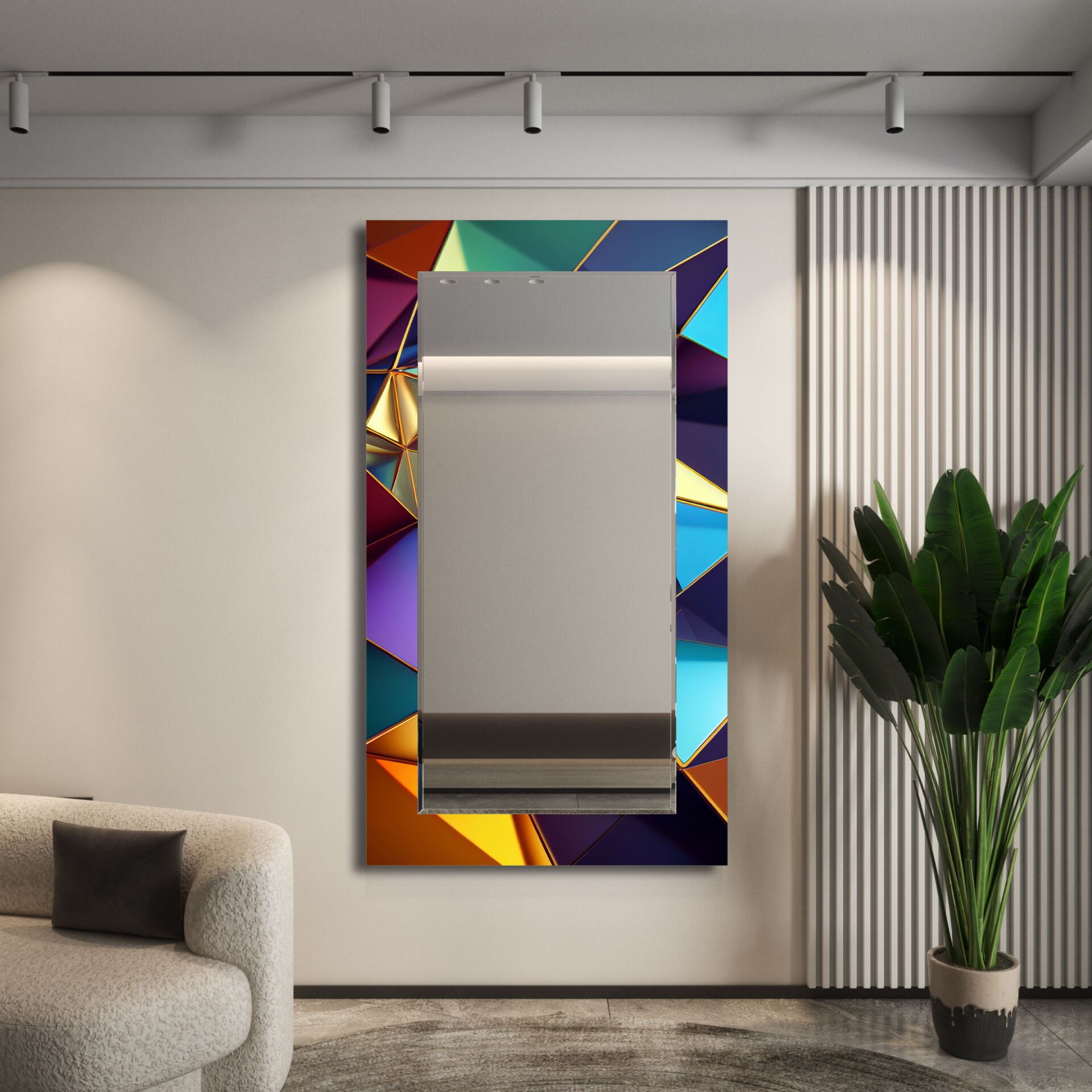 Mavi ve Altın Tonlarında Geometrik Desenli Modern Dikdörtgen Dekoratif Ayna | CFM-0024-DİKEY
