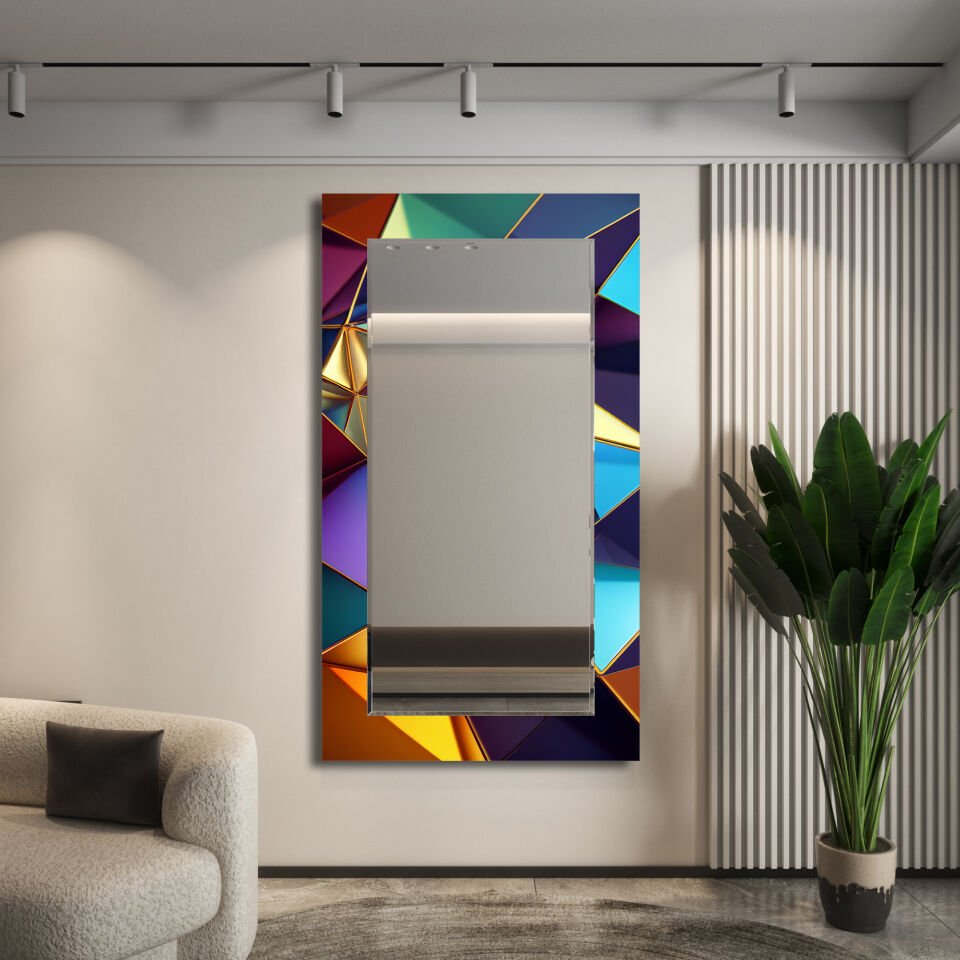 Mavi ve Altın Tonlarında Geometrik Desenli Modern Dikdörtgen Dekoratif Ayna | CFM-0024-DİKEY