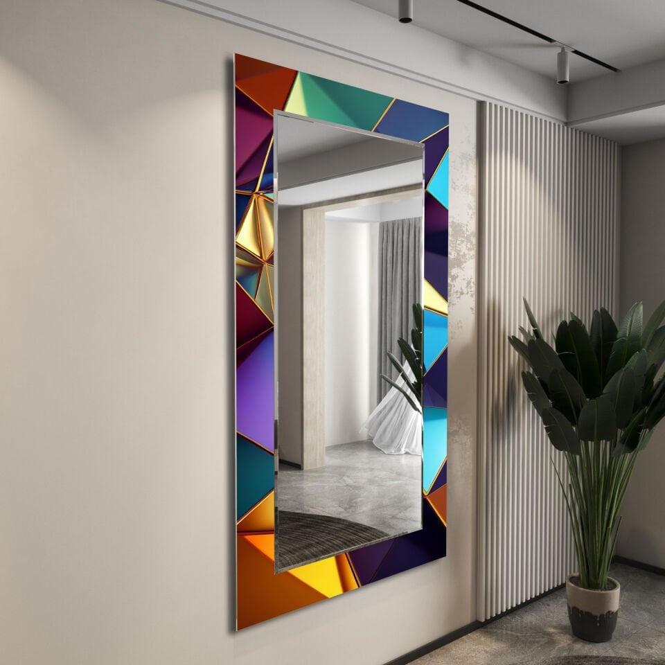 Mavi ve Altın Tonlarında Geometrik Desenli Modern Dikdörtgen Dekoratif Ayna | CFM-0024-DİKEY