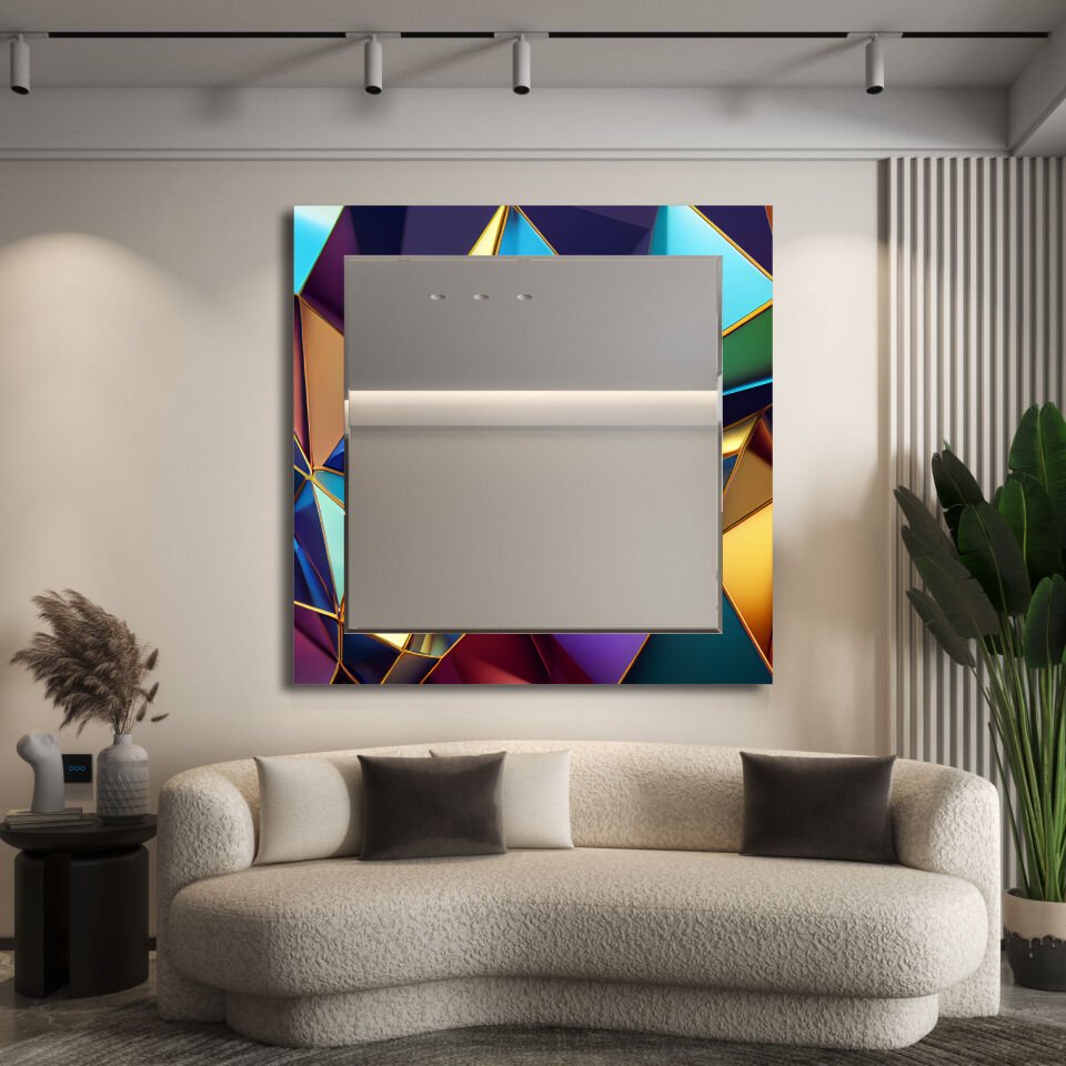 Mavi ve Altın Tonlarında Geometrik Desenli Modern Kare Dekoratif Ayna | CFM-0024-KARE