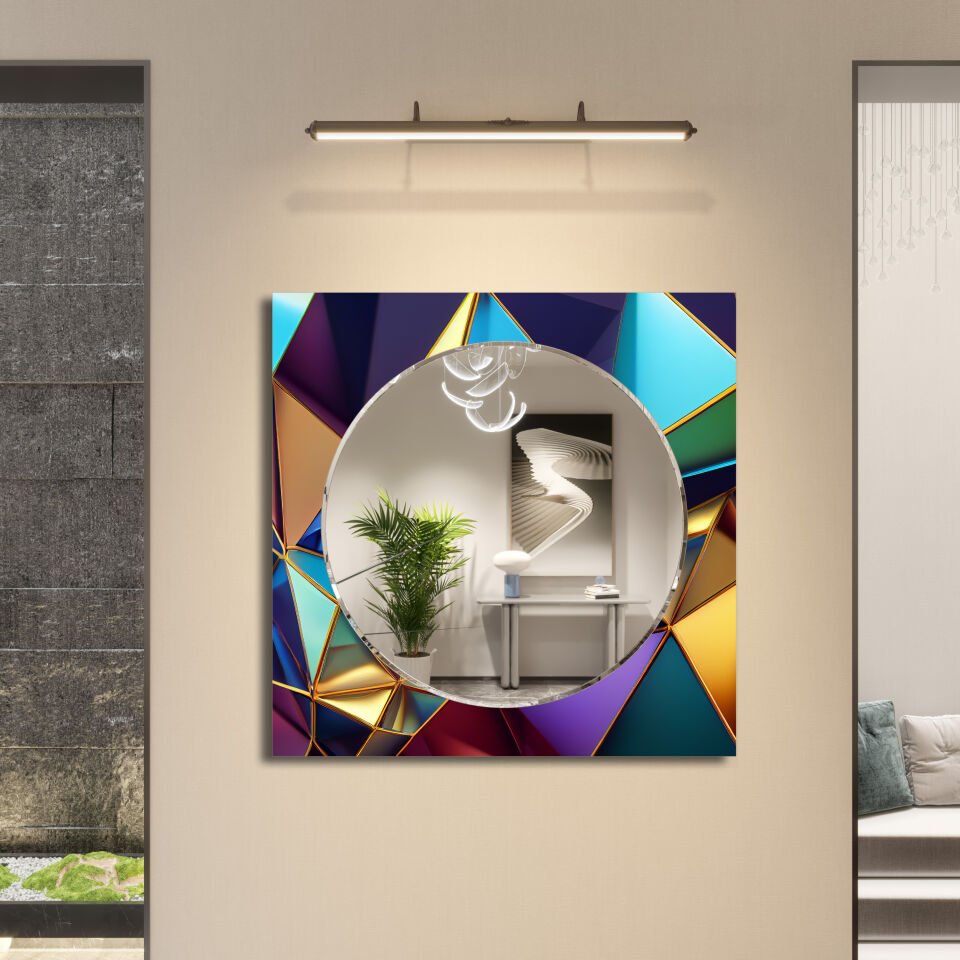 Mavi ve Altın Tonlarında Geometrik Desenli Modern Kare Dekoratif Ayna | CFM-0024-KARE