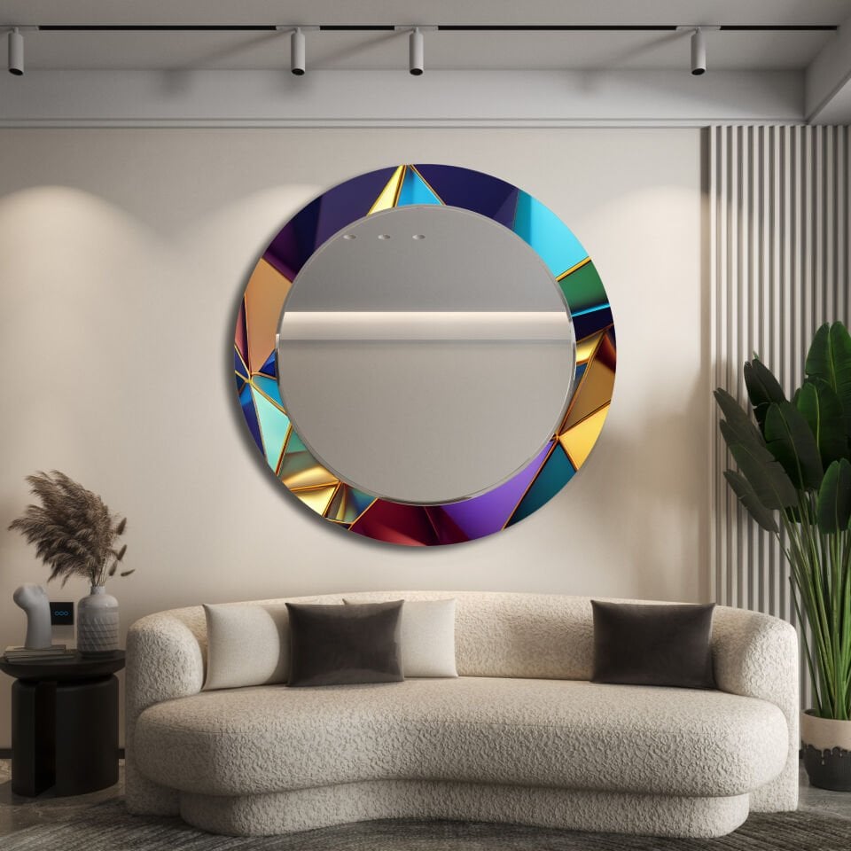 Mavi ve Altın Tonlarında Geometrik Desenli Modern Yuvarlak Dekoratif Ayna | CFM-0024-YUVARLAK