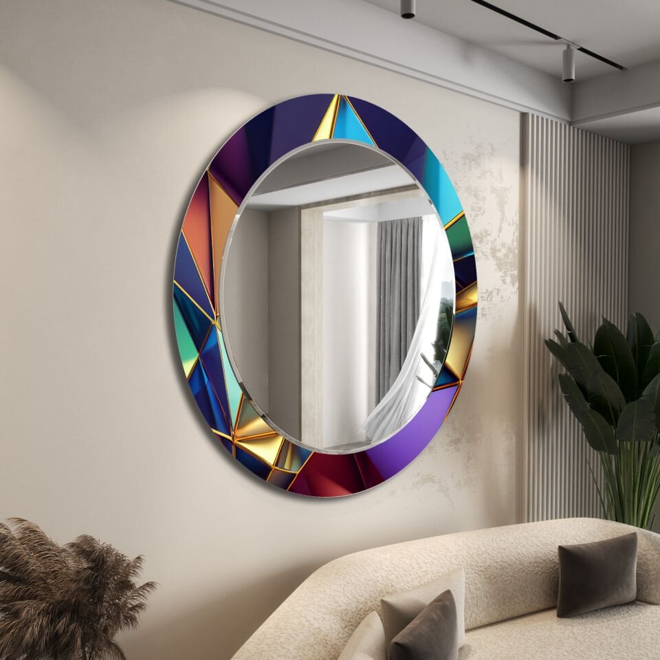 Mavi ve Altın Tonlarında Geometrik Desenli Modern Yuvarlak Dekoratif Ayna | CFM-0024-YUVARLAK