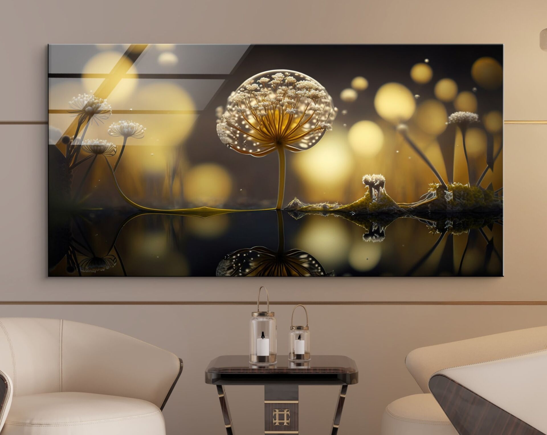 Büyülü Sarı Işıklar ve Dandelion Cam Tablo – Hayal Gibi Doğa Temalı Modern Duvar Dekoru | CF0842