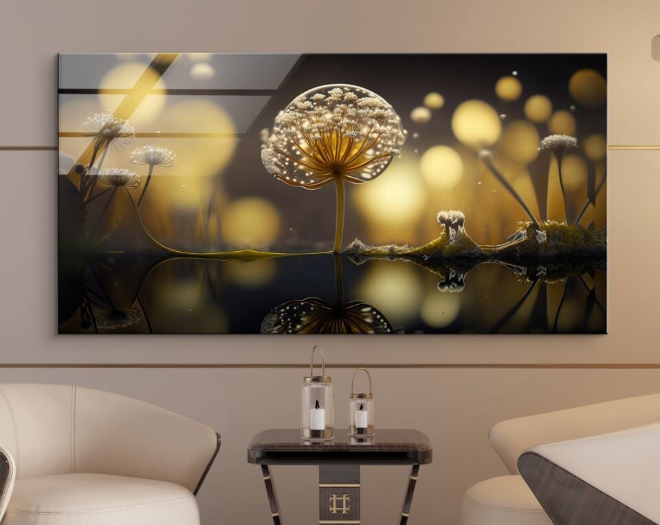 Büyülü Sarı Işıklar ve Dandelion Cam Tablo – Hayal Gibi Doğa Temalı Modern Duvar Dekoru | CF0842