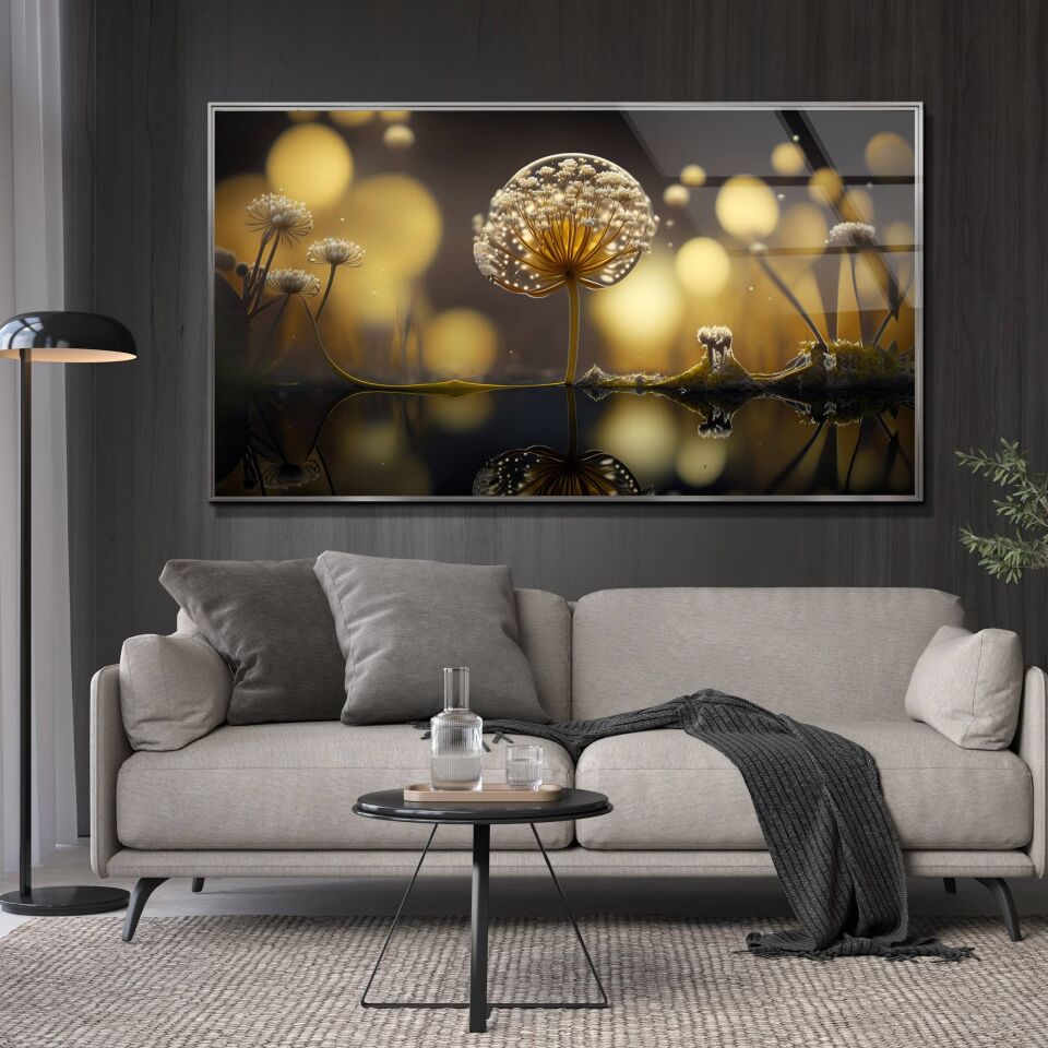 Büyülü Sarı Işıklar ve Dandelion Cam Tablo – Hayal Gibi Doğa Temalı Modern Duvar Dekoru | CF0842