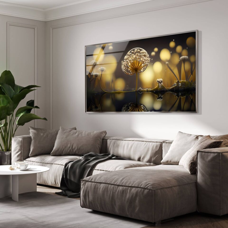 Büyülü Sarı Işıklar ve Dandelion Cam Tablo – Hayal Gibi Doğa Temalı Modern Duvar Dekoru | CF0842