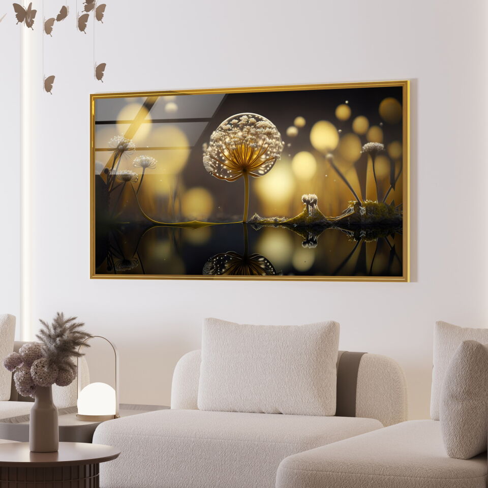 Büyülü Sarı Işıklar ve Dandelion Cam Tablo – Hayal Gibi Doğa Temalı Modern Duvar Dekoru | CF0842