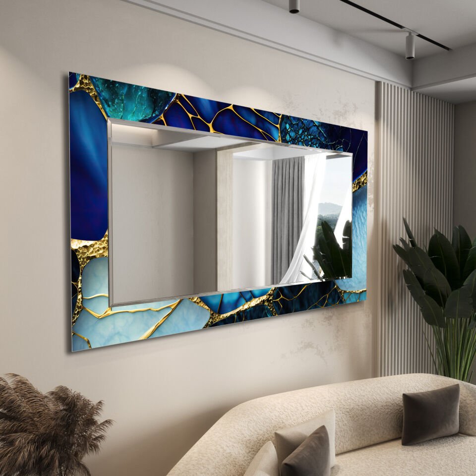 LACİVERT DAMAR DESENLİ MODERN CAM AYNA TABLO | CFM-0020-YATAY