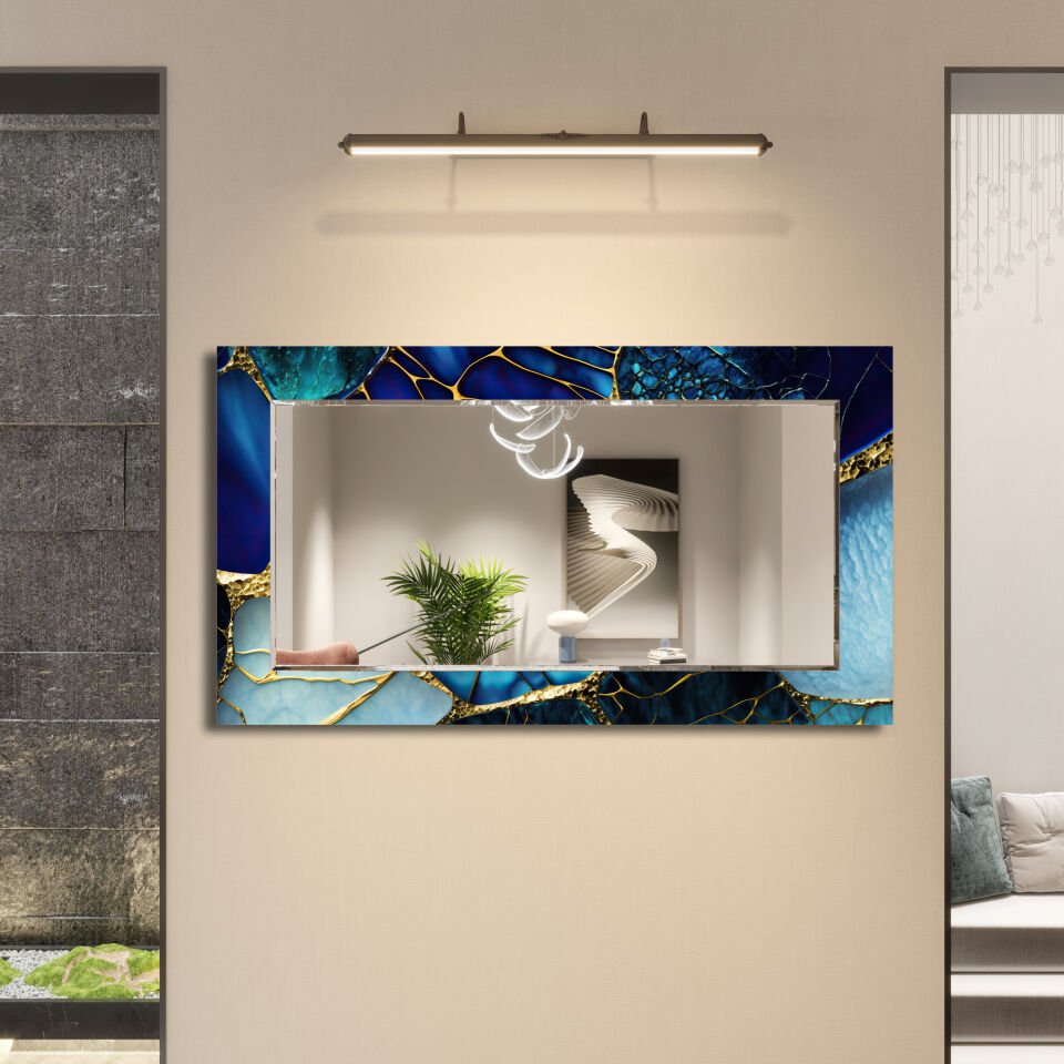 LACİVERT DAMAR DESENLİ MODERN CAM AYNA TABLO | CFM-0020-YATAY