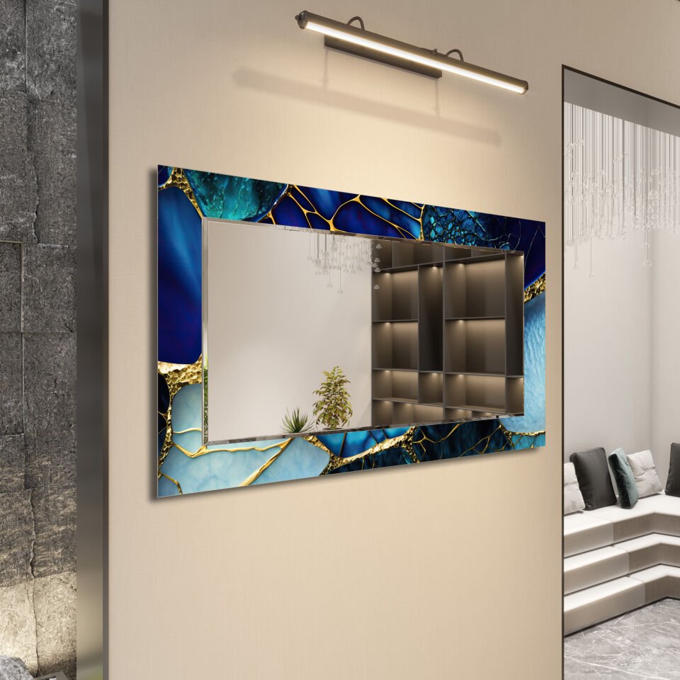 LACİVERT DAMAR DESENLİ MODERN CAM AYNA TABLO | CFM-0020-YATAY
