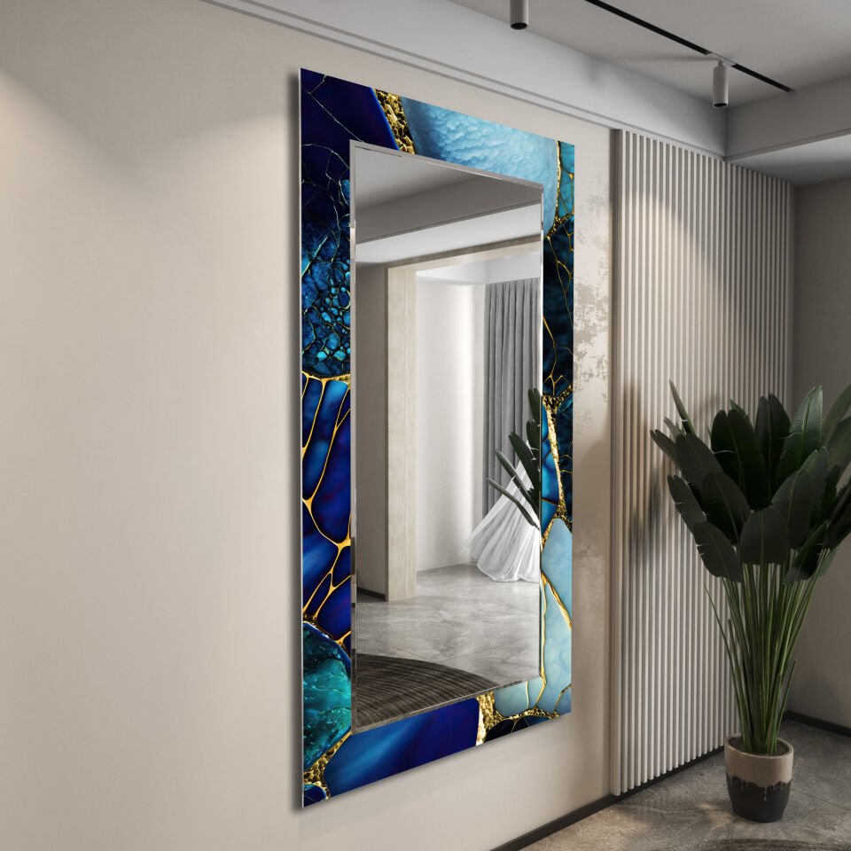 LACİVERT DAMAR DESENLİ MODERN CAM AYNA TABLO | CFM-0020-DİKEY