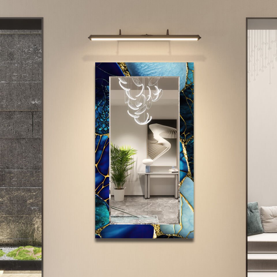 LACİVERT DAMAR DESENLİ MODERN CAM AYNA TABLO | CFM-0020-DİKEY