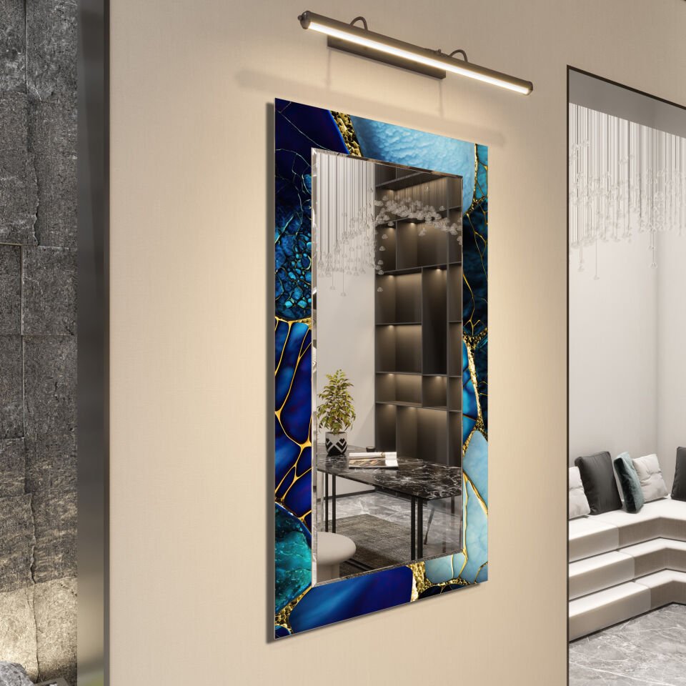LACİVERT DAMAR DESENLİ MODERN CAM AYNA TABLO | CFM-0020-DİKEY