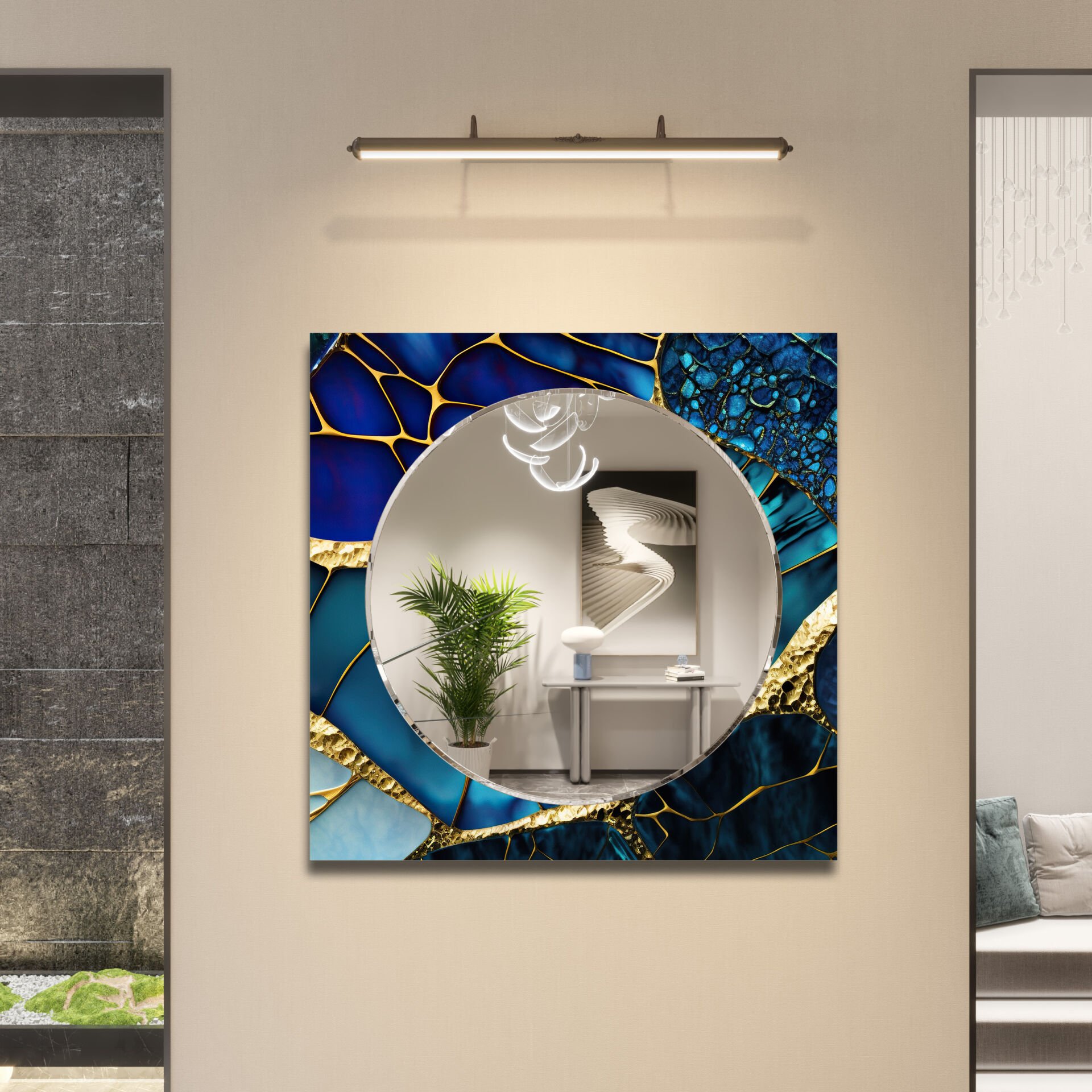 LACİVERT DAMAR DESENLİ MODERN CAM AYNA TABLO | CFM-0020-KARE
