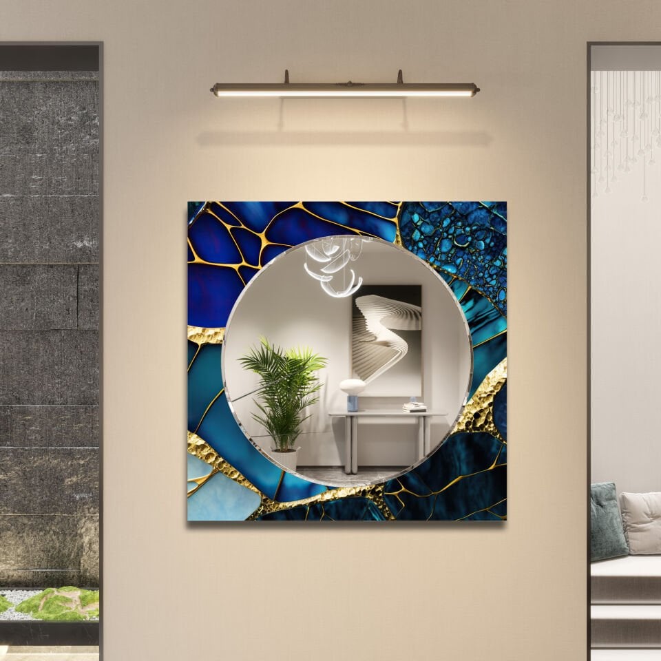 LACİVERT DAMAR DESENLİ MODERN CAM AYNA TABLO | CFM-0020-KARE