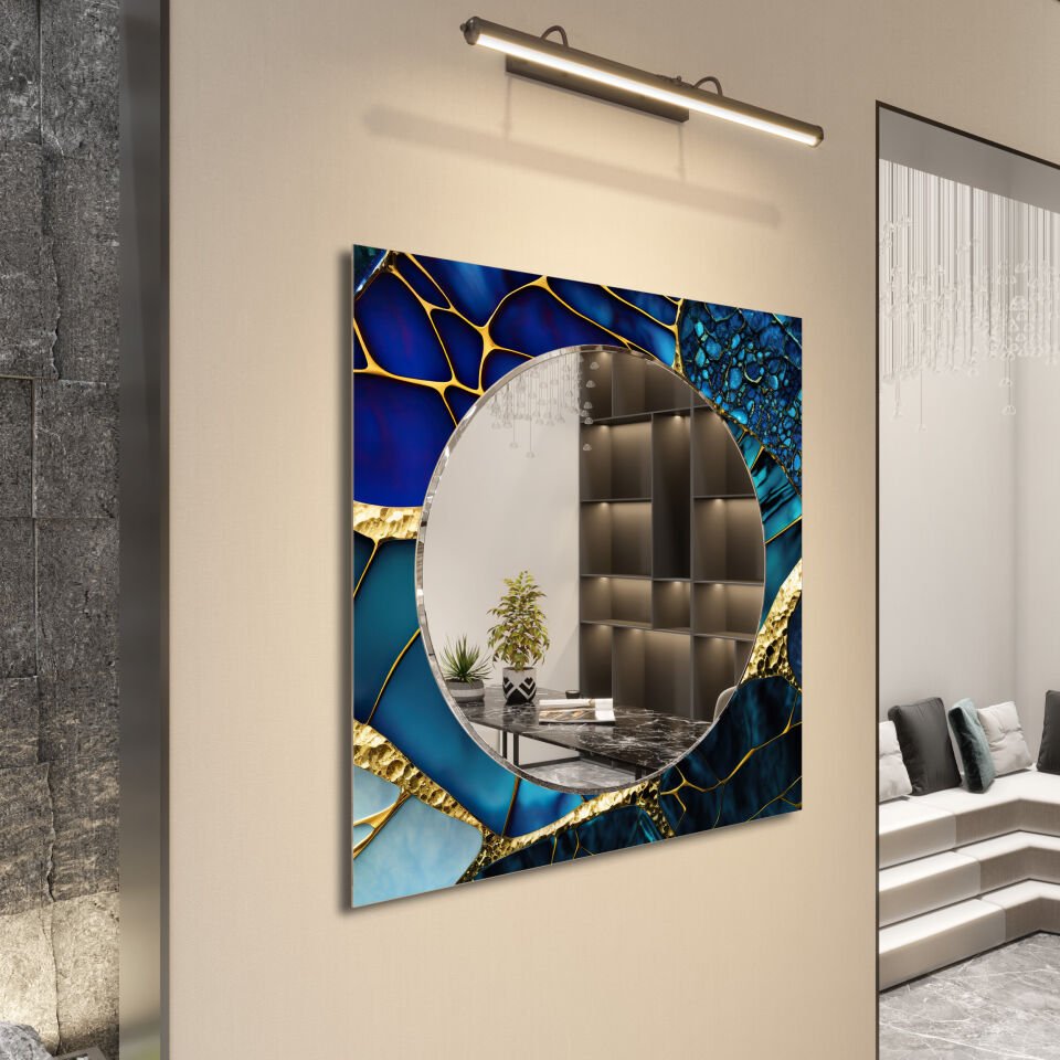 LACİVERT DAMAR DESENLİ MODERN CAM AYNA TABLO | CFM-0020-KARE