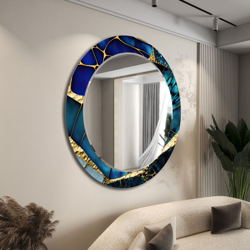 LACİVERT DAMAR DESENLİ MODERN CAM AYNA TABLO | CFM-0020-YUVARLAK