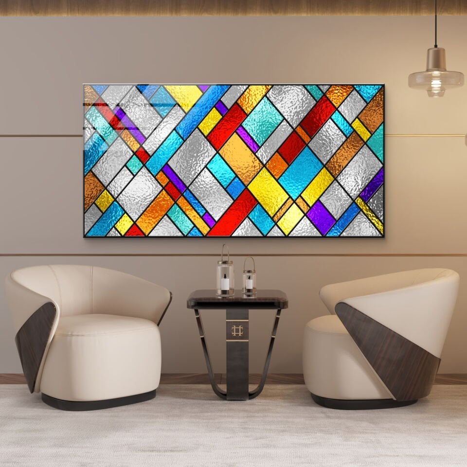 Modern Renkli Geometrik Desenli Cam Tablo – Soyut Sanat Duvar Dekoru | CF0670