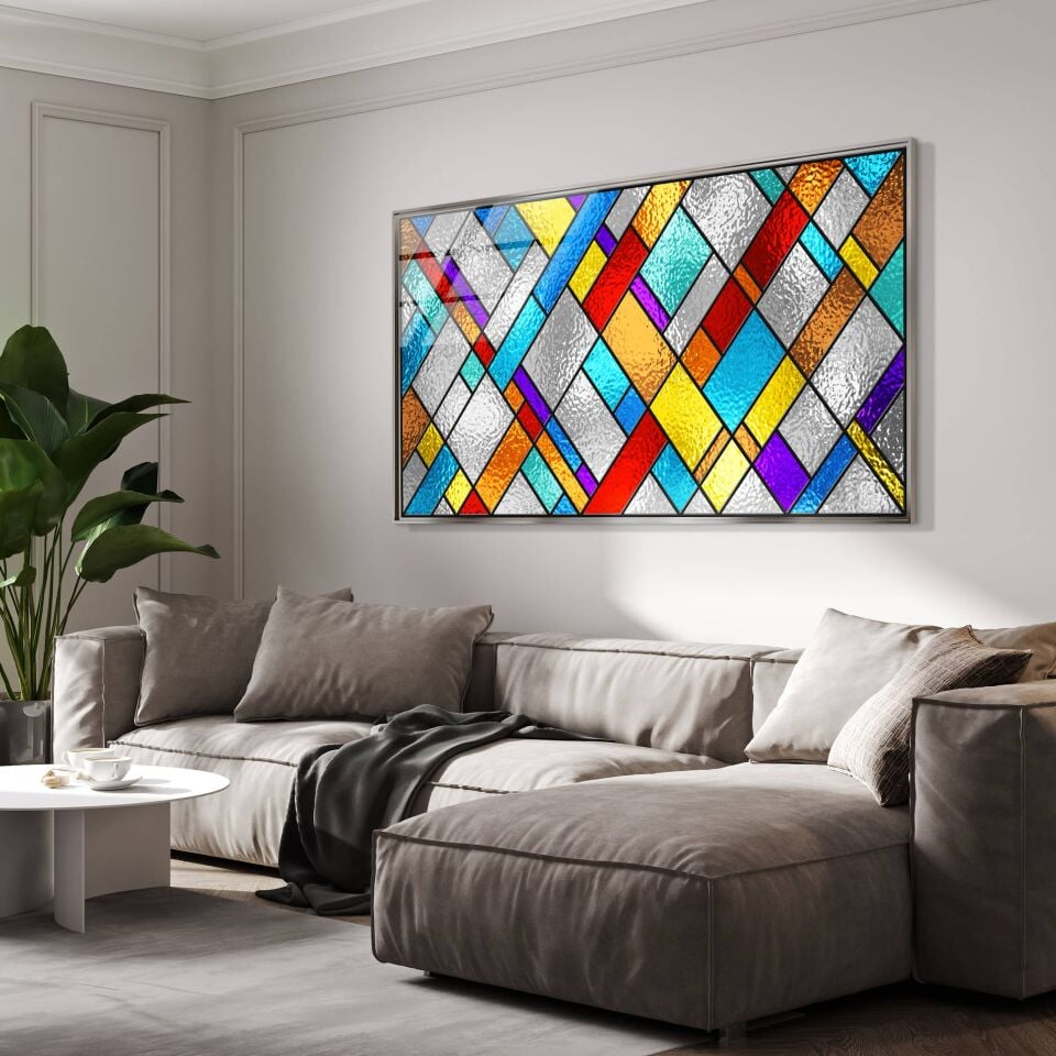 Modern Renkli Geometrik Desenli Cam Tablo – Soyut Sanat Duvar Dekoru | CF0670