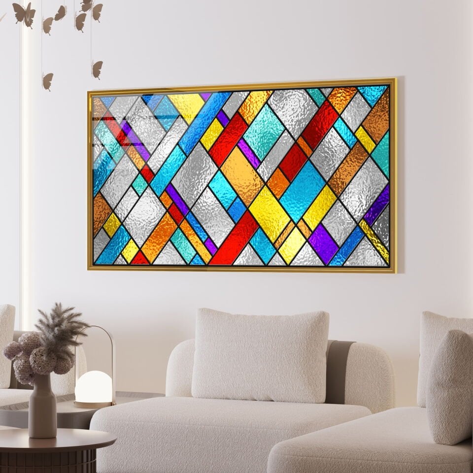 Modern Renkli Geometrik Desenli Cam Tablo – Soyut Sanat Duvar Dekoru | CF0670