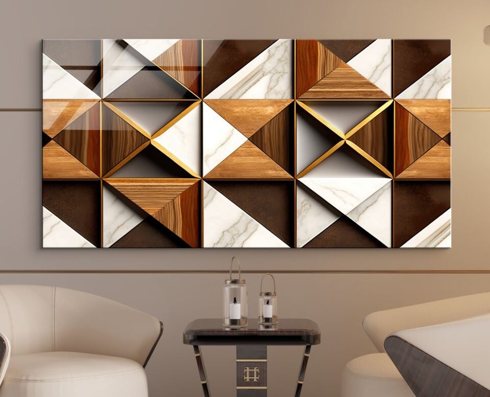 Geometrik Ahşap ve Mermer Desenli Cam Tablo – Modern ve Şık Duvar Dekoru | CF0780