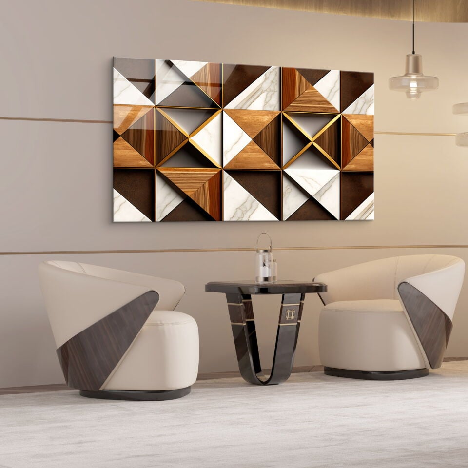 Geometrik Ahşap ve Mermer Desenli Cam Tablo – Modern ve Şık Duvar Dekoru | CF0780