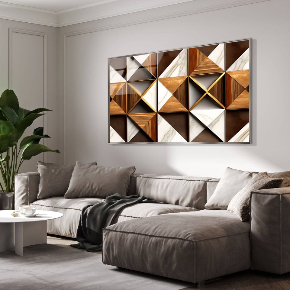 Geometrik Ahşap ve Mermer Desenli Cam Tablo – Modern ve Şık Duvar Dekoru | CF0780