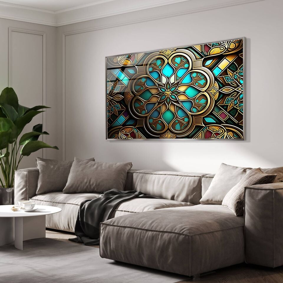 Modern Renkli Geometrik Desenli Cam Tablo – Soyut Sanat Duvar Dekoru | CF0797
