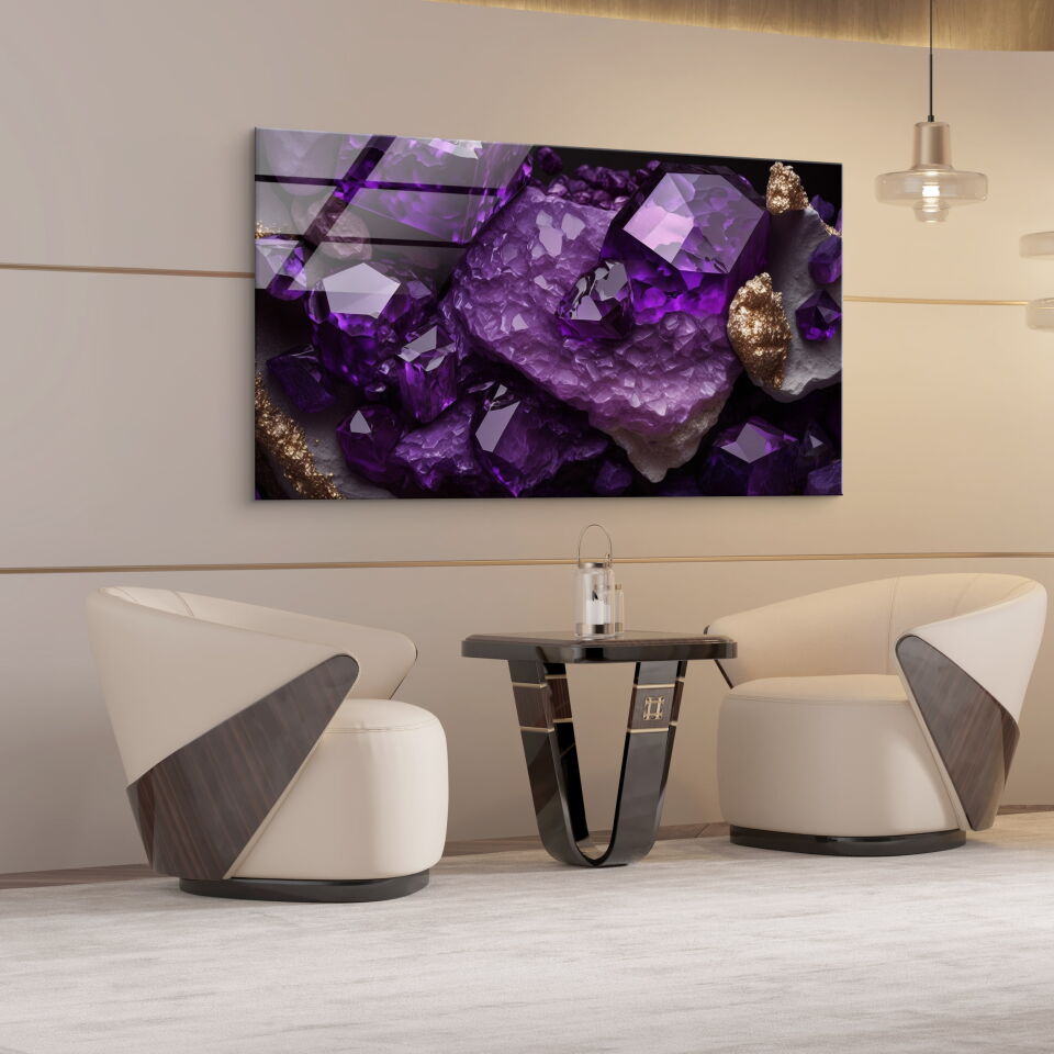 Lüks Mor Kristal Desenli Temperli Cam Tablo – 3D Efektli Duvar Sanatı | CF0824