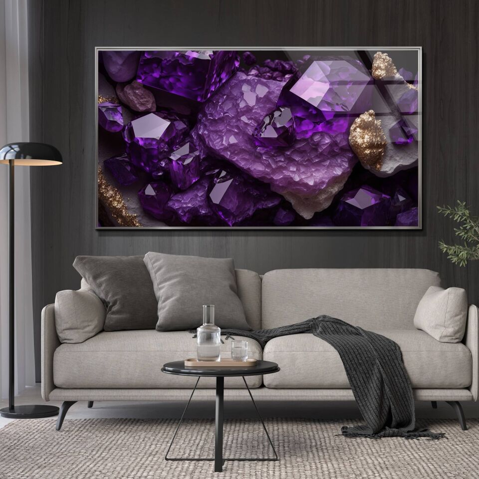 Lüks Mor Kristal Desenli Temperli Cam Tablo – 3D Efektli Duvar Sanatı | CF0824
