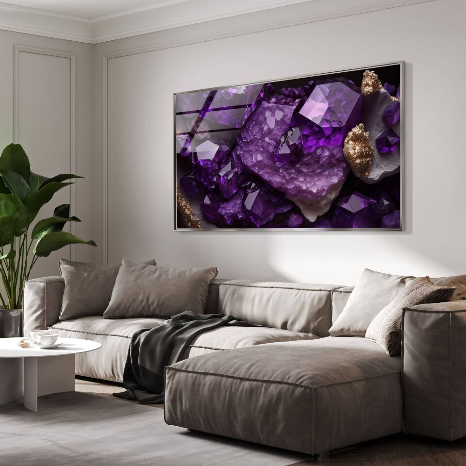 Lüks Mor Kristal Desenli Temperli Cam Tablo – 3D Efektli Duvar Sanatı | CF0824