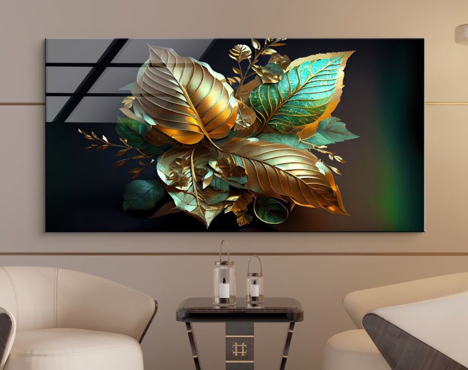 Altın ve Zümrüt Renkli Yaprak Tasarımlı 3D Etkili Modern Cam Tablo | CF0689